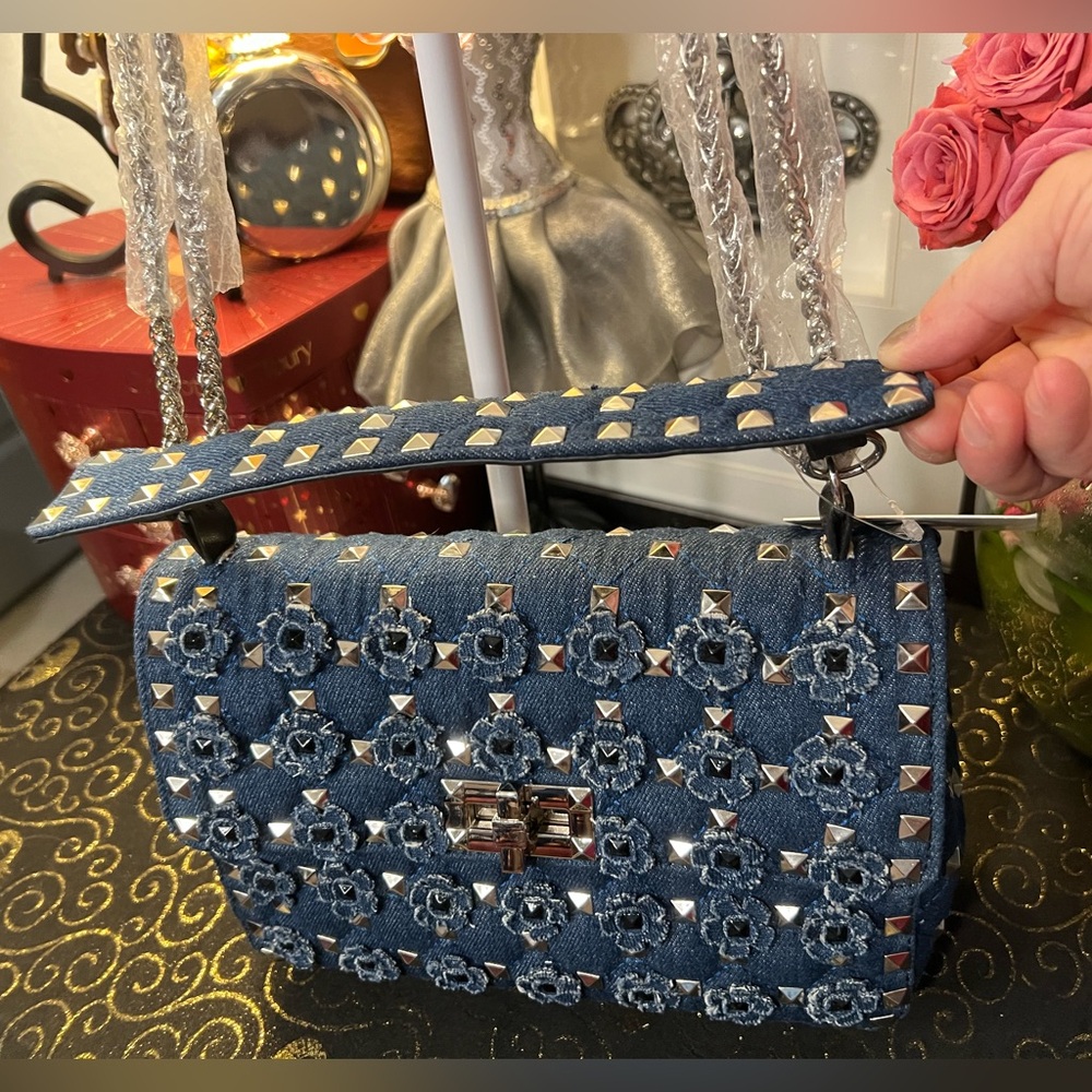 INZI Studded Denim Floral Shoulder Crossbody Hand Bag - Rock Stud Like